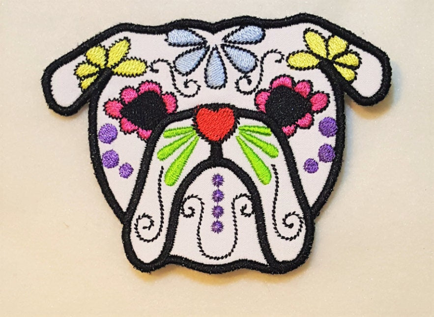 English bulldog Little Sugar Skull applique design, dog skull embroidery 