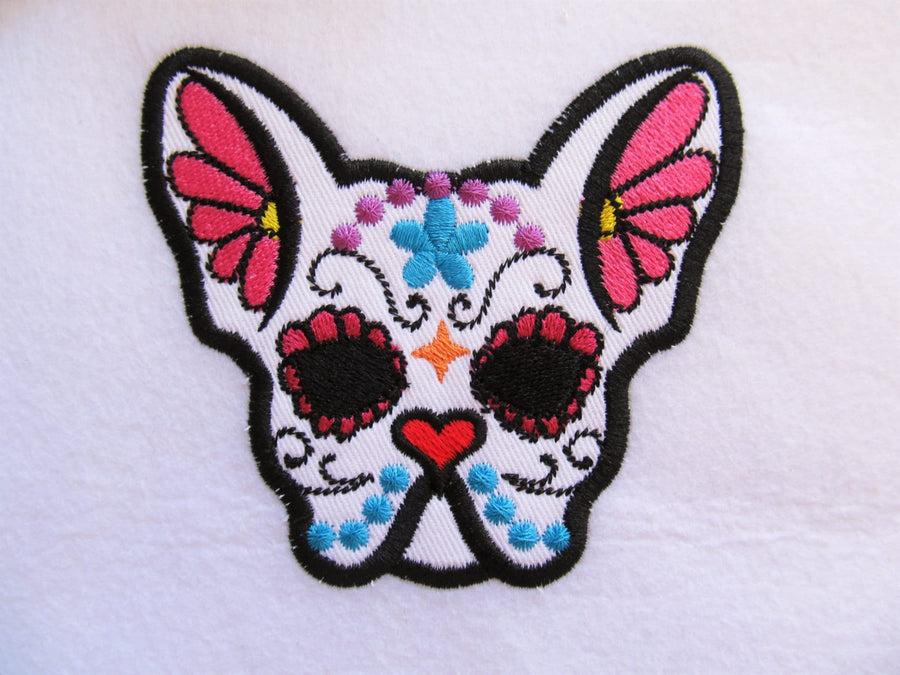 French bulldog Sugar Skull applique design, dog skull machine embroidery design 