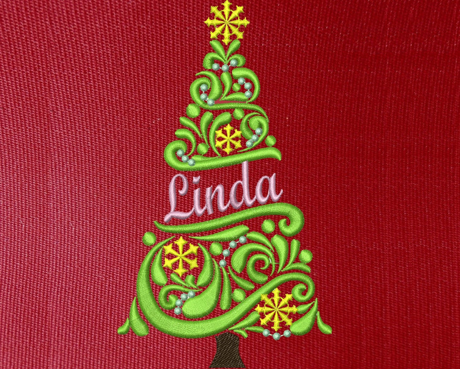 Christmas tree flag, burlap curl and swirl Split design