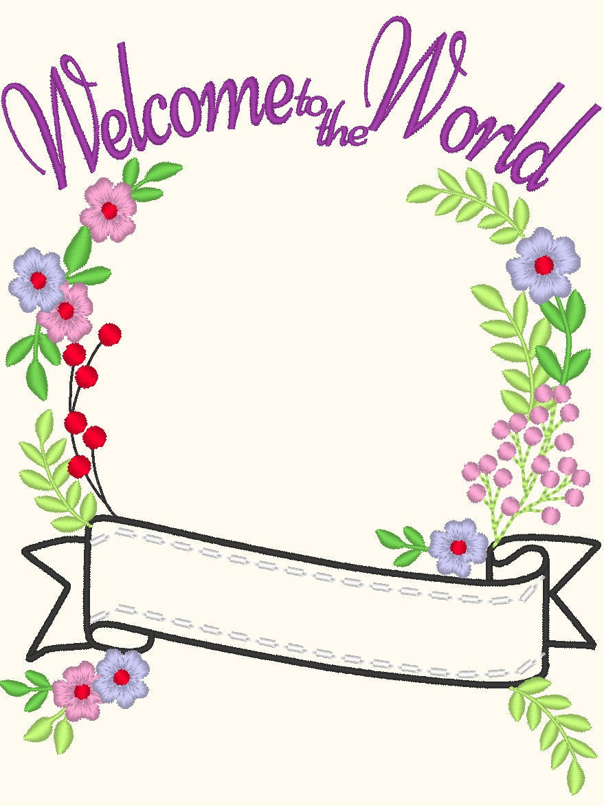 Floral Baby Birth Announcement monogram frame with banner and mini Font SET machine embroidery designs