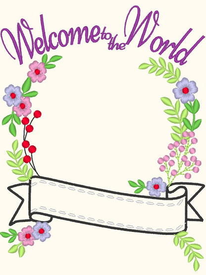 Floral Baby Birth Announcement monogram frame with banner and mini Font SET machine embroidery designs