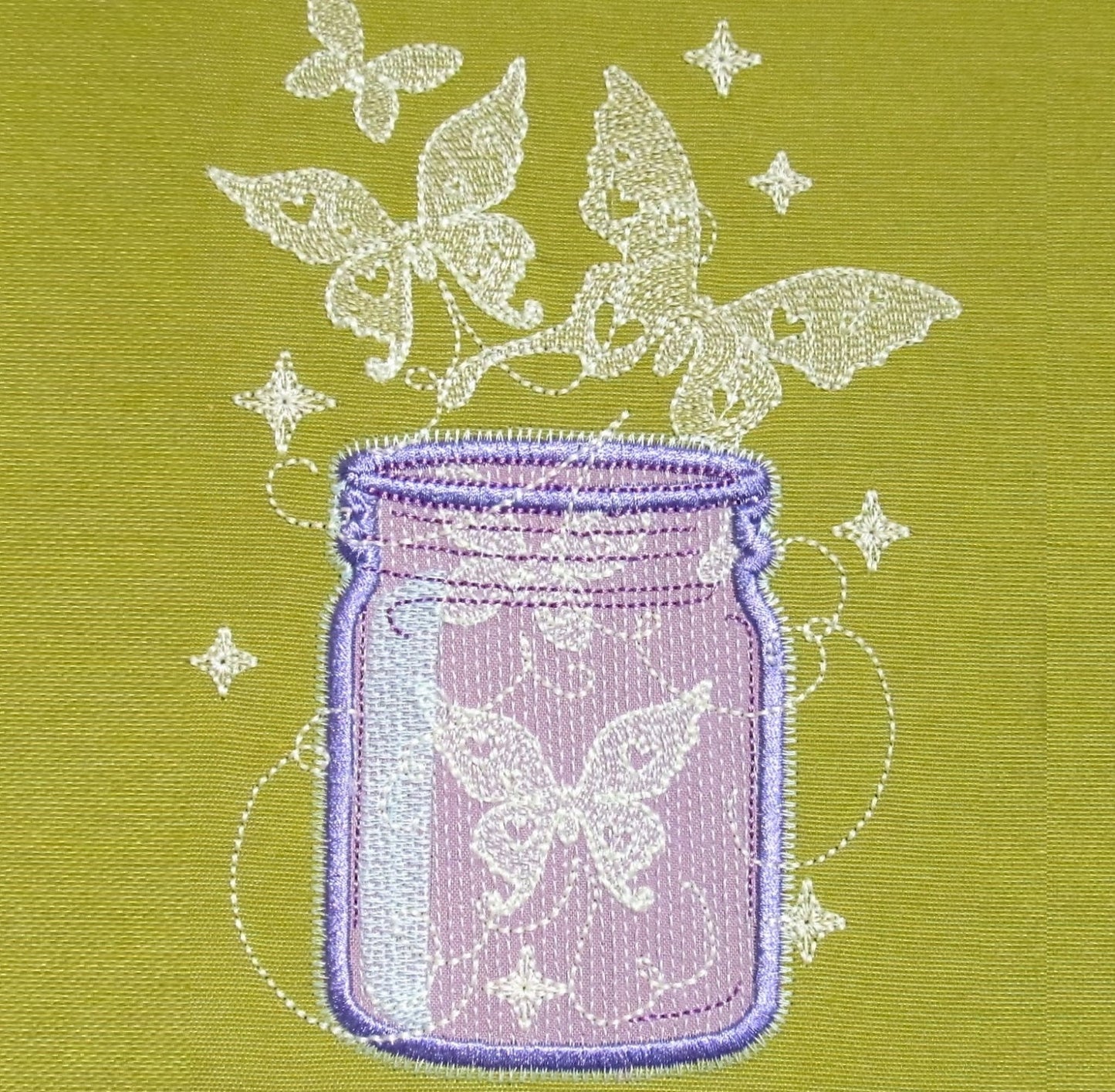 Mason jar and butterflies for girls Glow in the dark special machine embroidery design for hoop 4x4, 5x7 magic glowing butterfly fairytale