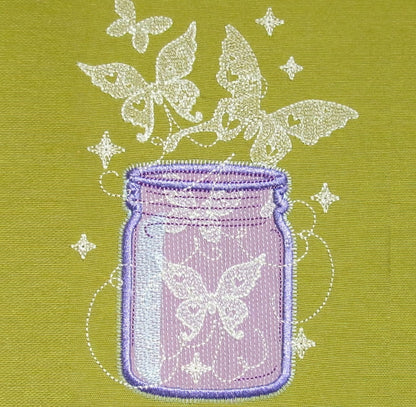 Mason jar and butterflies for girls Glow in the dark special machine embroidery design for hoop 4x4, 5x7 magic glowing butterfly fairytale
