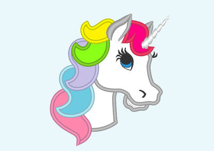 Lovely Unicorn head rainbow hair applique machine embroidery designs