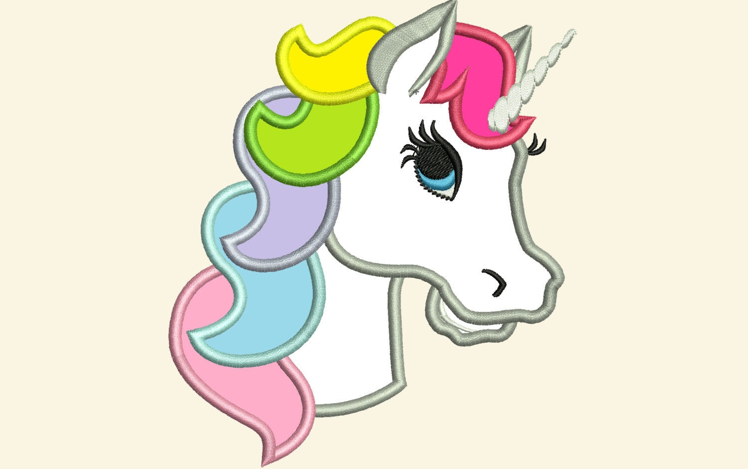 Lovely Unicorn head rainbow hair applique machine embroidery designs