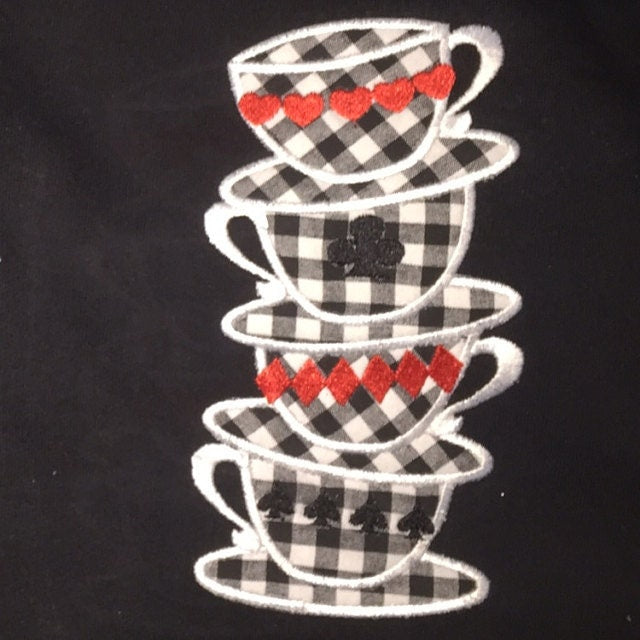 Mad Hatter Tea Party stack of teacups – Sizes 3" 4" 4.5" 5" 6" 7" Digital Embroidery File | Artapli