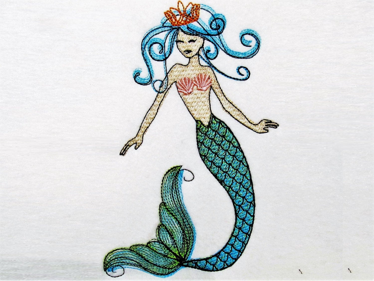 Mermaid sketch stitch outline bean triple, lock stitch embroidery designs 4x4 5x7 6x10 - mermaid simply urban curly embroidery design