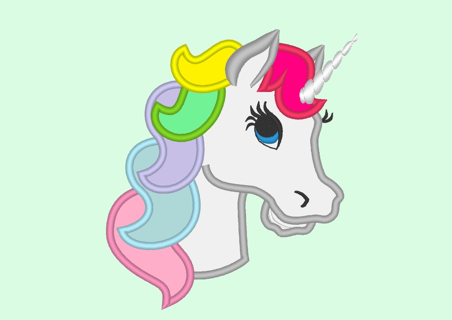 Lovely Unicorn head rainbow hair applique machine embroidery designs
