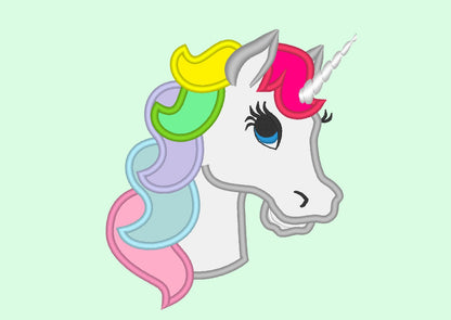 Lovely Unicorn head rainbow hair applique machine embroidery designs
