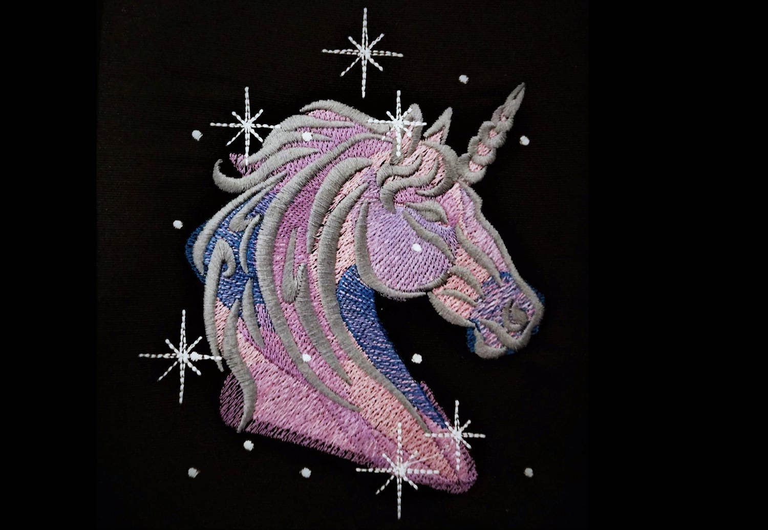 Galactic unicorn head, sparkling stars unicorn swirly embroidery designs, rainbow embroidery