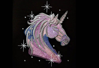 Galactic unicorn head, sparkling stars unicorn swirly embroidery designs, rainbow embroidery