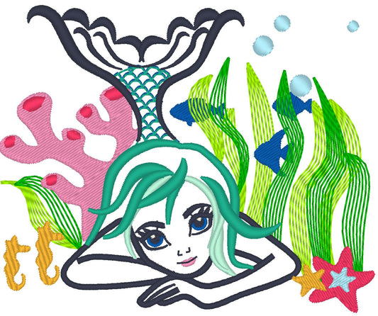 Colorful Mermaid embroidery design, outline design, mermaid Embroidery, designs for hoops 4x4 5x7 and 6x10