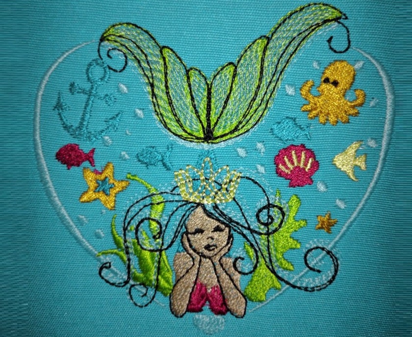 Mermaid Heart Sketch Stitch Machine Embroidery 4" 4.5" 6" 5" 7" | PES DST JEF | Artapli