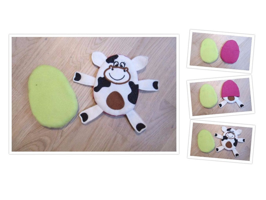 Cow hiding EGG ITH embroidery, In The Hoop Machine Embroidery designs, super simply ITH embroidery, surprising Easter egg embroidery toys
