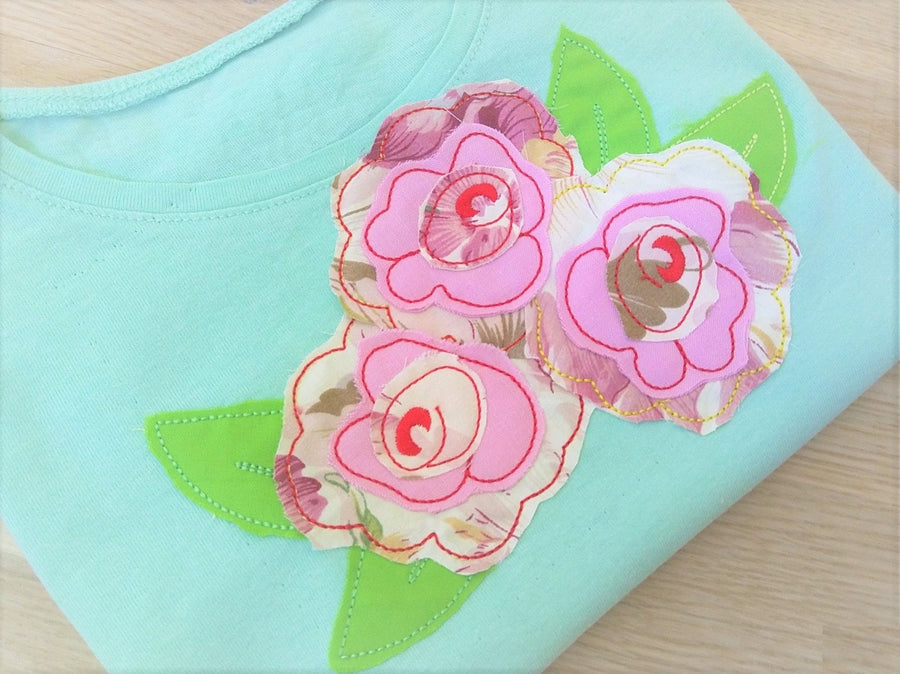 Shabby chic rose flower raggedy edge applique bouquet machine embroidery designs