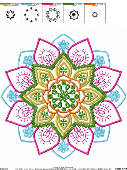 Mehndi circle ornament - machine embroidery designs INSTANT DOWNLOAD assorted sizes 4x4, 5x5, 6x6 and 8x8 colorful mandala flower