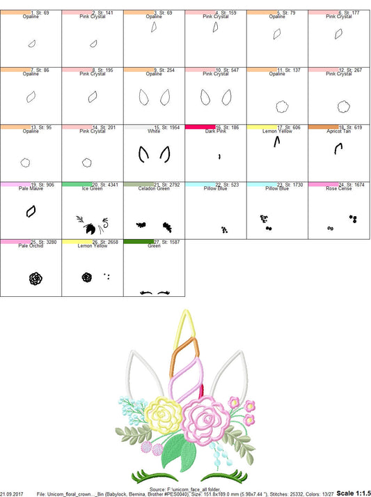 Unicorn head with shabby chic floral bouquet crown Applique girls machine embroidery designs