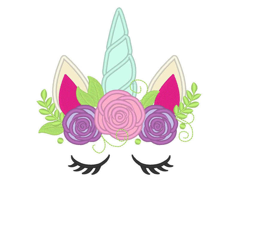 Pretty eyes Unicorn face shabby chic rose crown applique machine embroidery designs
