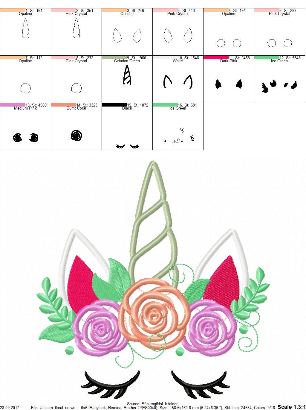 Pretty eyes Unicorn face shabby chic rose crown applique machine embroidery designs