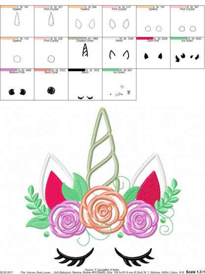 Pretty eyes Unicorn face shabby chic rose crown applique machine embroidery designs