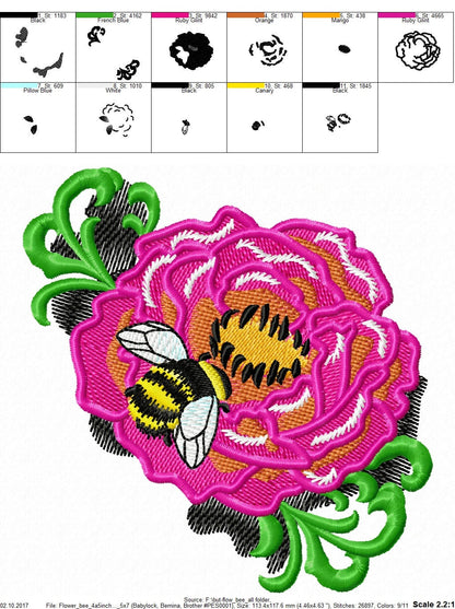 Big Flower and Little Bee – Sizes 4" 5" 6" 7" Digital Embroidery File | Artapli
