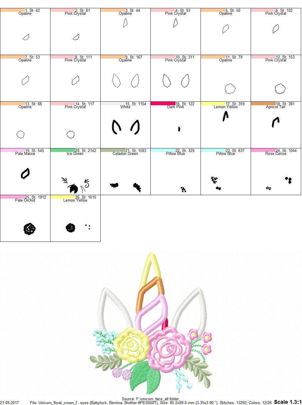 Unicorn head with shabby chic floral bouquet crown Applique girls machine embroidery designs