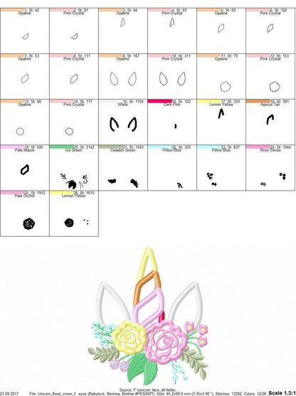 Unicorn head with shabby chic floral bouquet crown Applique girls machine embroidery designs