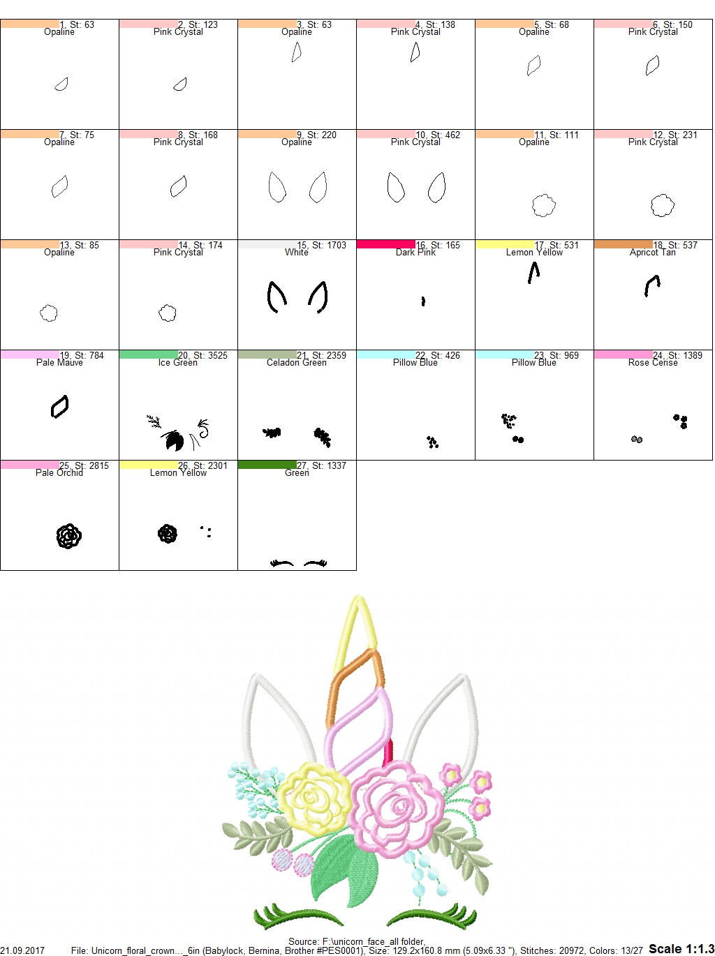 Unicorn head with shabby chic floral bouquet crown Applique girls machine embroidery designs