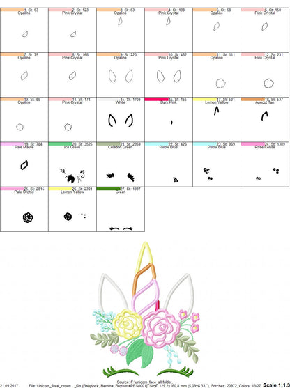 Unicorn head with shabby chic floral bouquet crown Applique girls machine embroidery designs