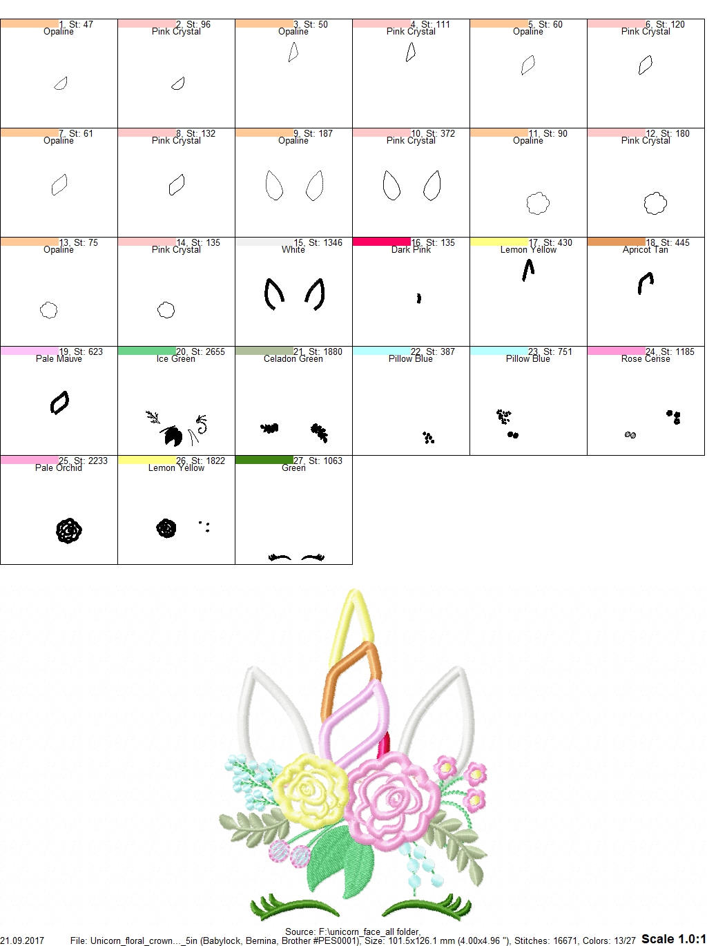 Unicorn head with shabby chic floral bouquet crown Applique girls machine embroidery designs