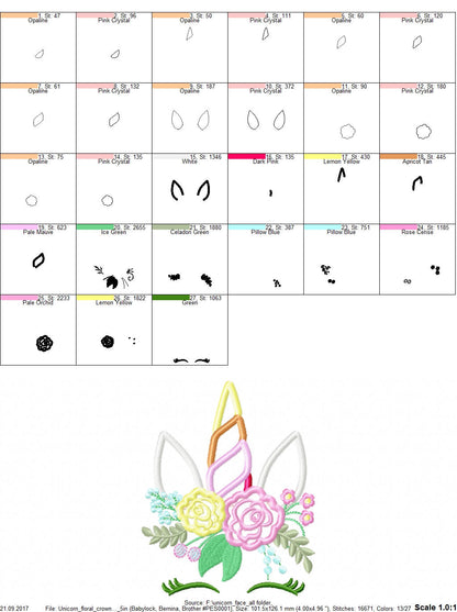Unicorn head with shabby chic floral bouquet crown Applique girls machine embroidery designs