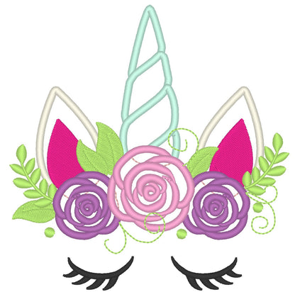 Pretty eyes Unicorn face shabby chic rose crown applique machine embroidery designs