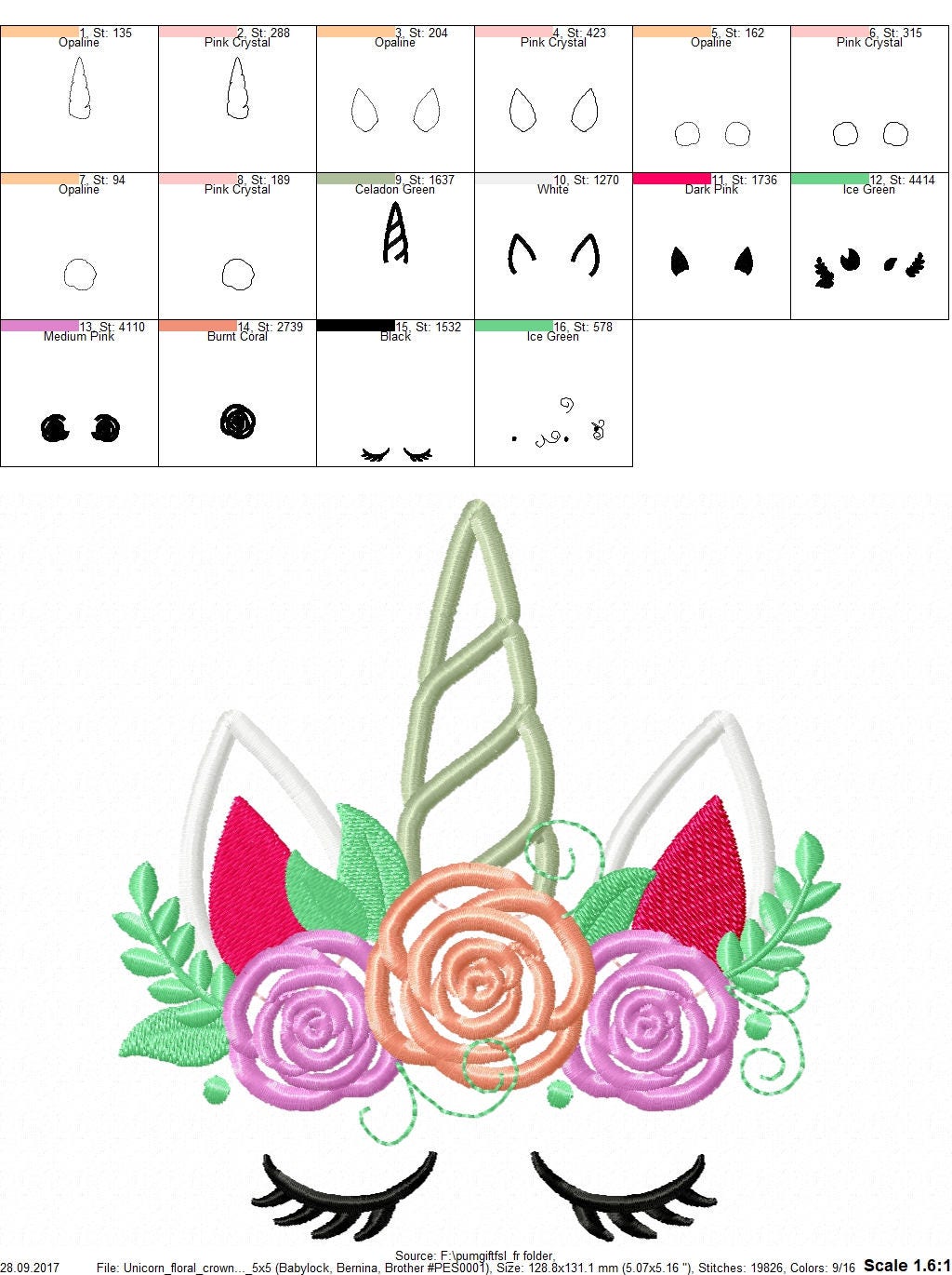 Pretty eyes Unicorn face shabby chic rose crown applique machine embroidery designs