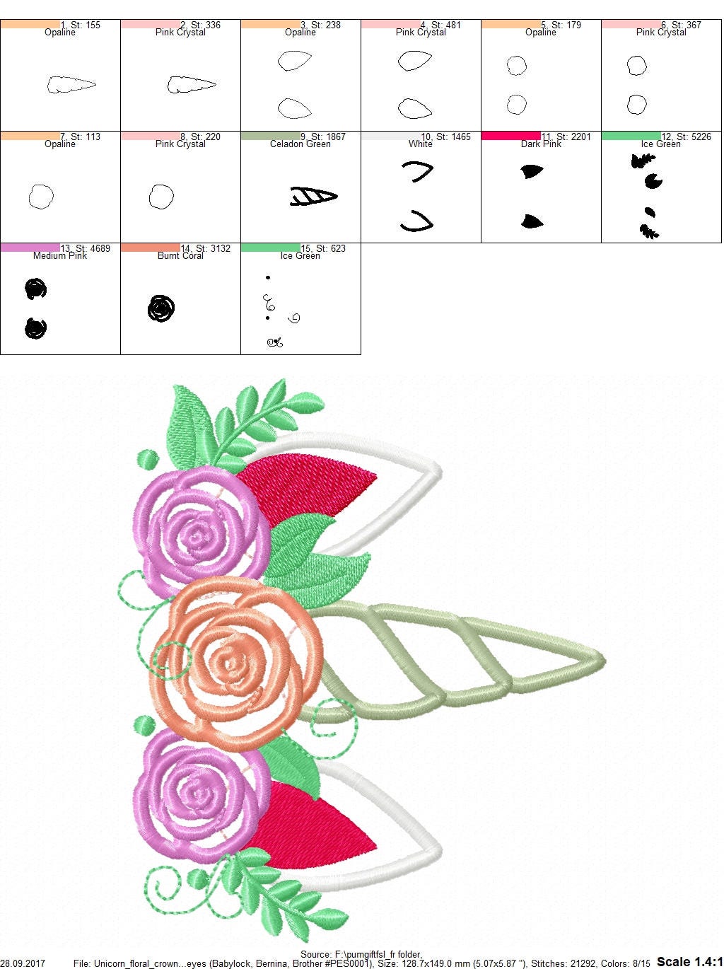 Pretty eyes Unicorn face shabby chic rose crown applique machine embroidery designs