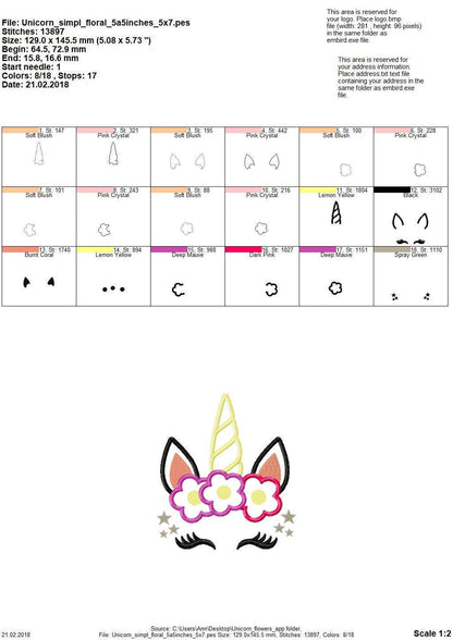 Unicorn head with floral crown applique - machine embroidery designs applique Rainbow unicorn embroidery Rainbow unicorn face