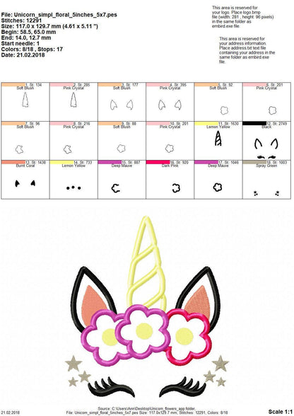 Unicorn head with floral crown applique - machine embroidery designs applique Rainbow unicorn embroidery Rainbow unicorn face