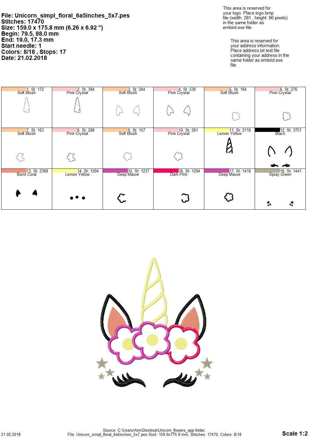 Unicorn head with floral crown applique - machine embroidery designs applique Rainbow unicorn embroidery Rainbow unicorn face