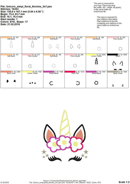 Unicorn head with floral crown applique - machine embroidery designs applique Rainbow unicorn embroidery Rainbow unicorn face