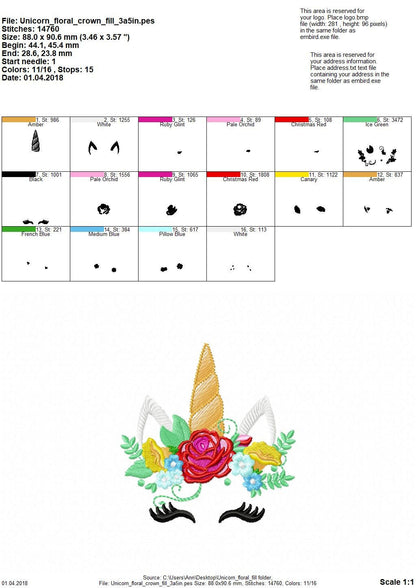 Unicorn pretty eyes with shabby chic rose crown floral bouquet fill stitch machine embroidery designs