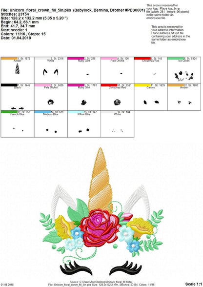 Unicorn pretty eyes with shabby chic rose crown floral bouquet fill stitch machine embroidery designs