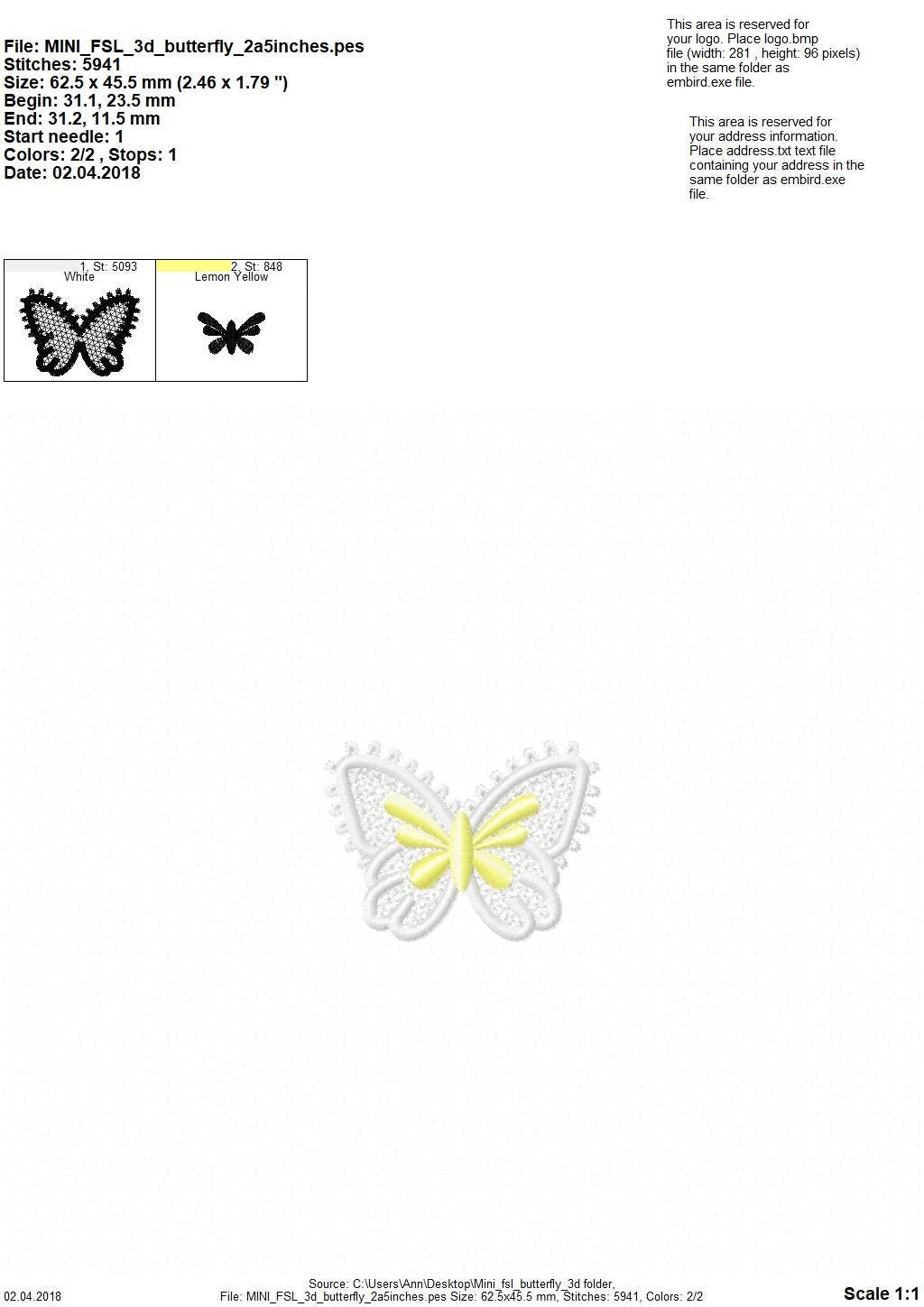Butterfly MINI also as three-dimensional, 3 dimensional, FSL, Free standing lace embroidery design in the hoop ITH embroidery