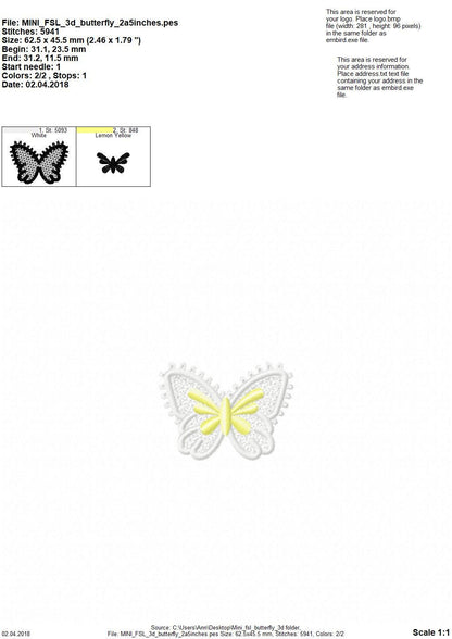 Butterfly MINI also as three-dimensional, 3 dimensional, FSL, Free standing lace embroidery design in the hoop ITH embroidery