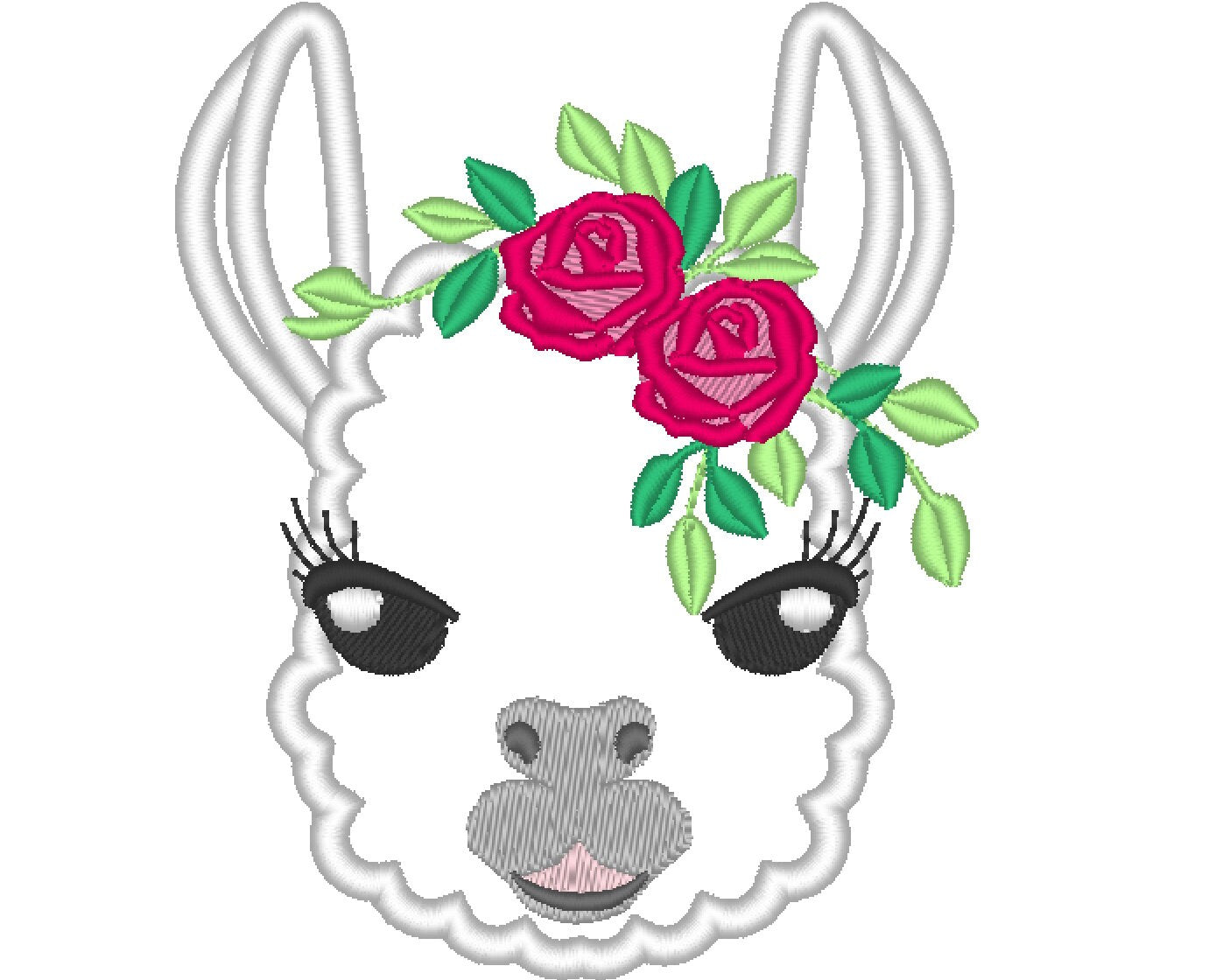 Floral pretty eyes Llama alpaca head little rose crown applique machine embroidery designs