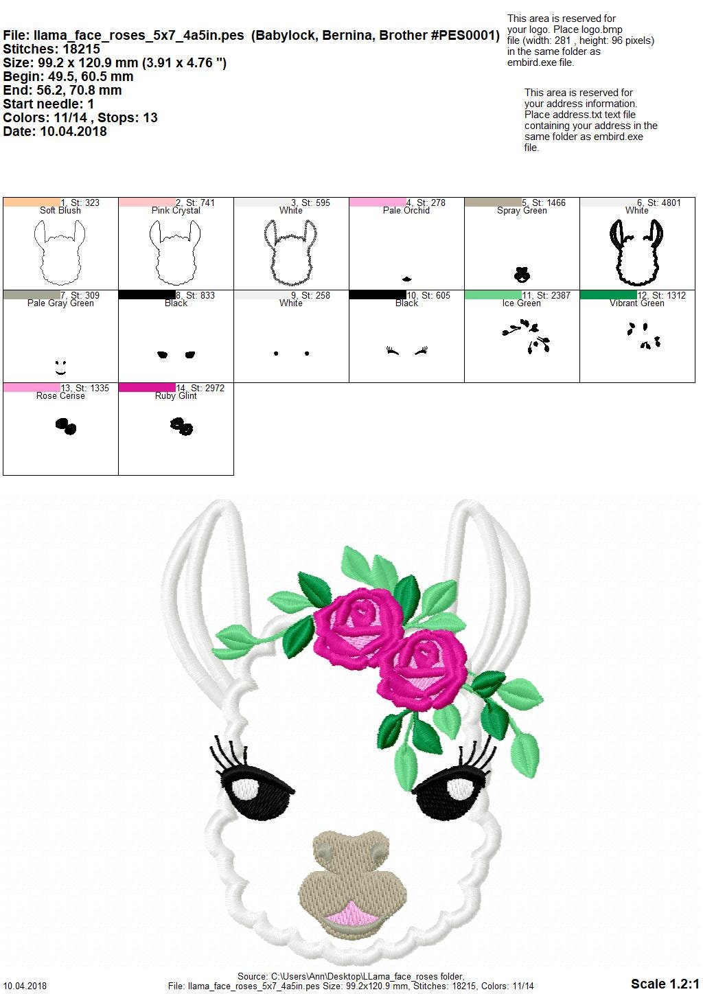 Floral pretty eyes Llama alpaca head little rose crown applique machine embroidery designs