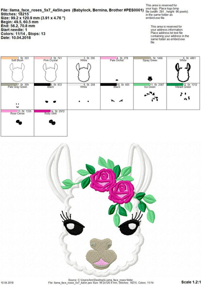 Floral pretty eyes Llama alpaca head little rose crown applique machine embroidery designs