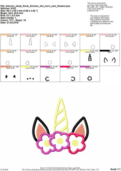 Unicorn head with floral crown applique - machine embroidery designs applique Rainbow unicorn embroidery Rainbow unicorn face