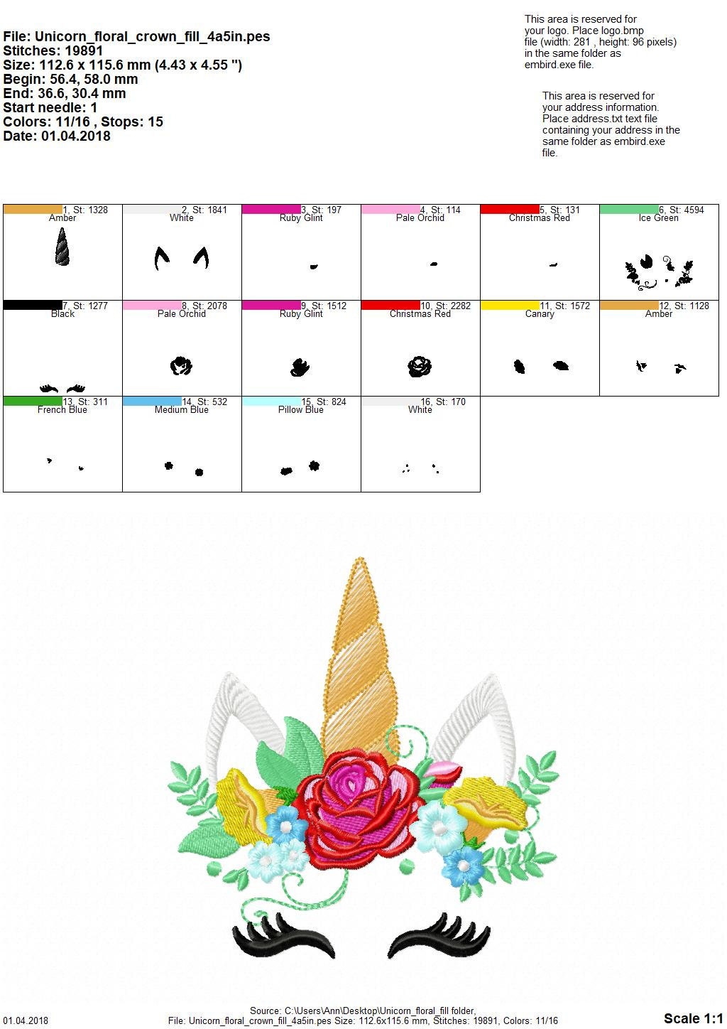 Unicorn pretty eyes with shabby chic rose crown floral bouquet fill stitch machine embroidery designs