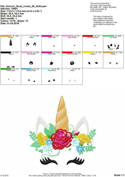 Unicorn pretty eyes with shabby chic rose crown floral bouquet fill stitch machine embroidery designs