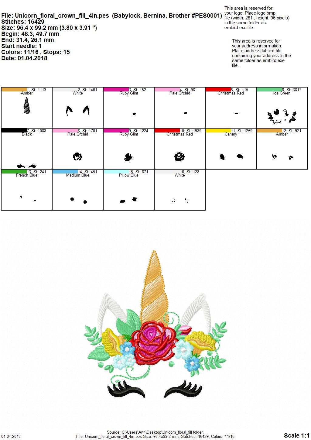 Unicorn pretty eyes with shabby chic rose crown floral bouquet fill stitch machine embroidery designs
