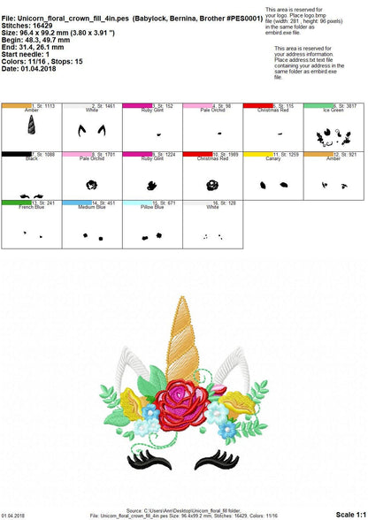 Unicorn pretty eyes with shabby chic rose crown floral bouquet fill stitch machine embroidery designs